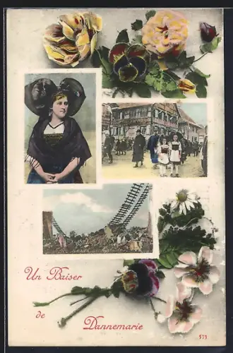 AK Dannemarie, Frau in Tracht, Strassenpartie, Hängebrücke