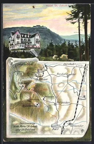 AK St. Odilien, Hotel St. Jakob, Landkarte mit Touristenwegen