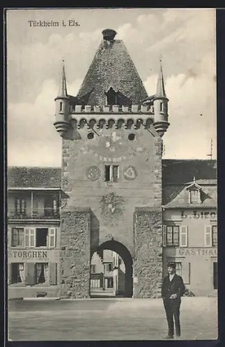 AK Türkheim, Teilansicht mit Turm und Gasthaus