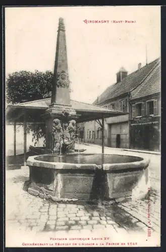 AK Giromagny /Haut-Rhin, Fontaine Historique Louis XV commémorant la Réunion de l`Alsace a la France en 1648