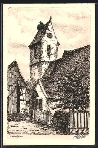 Künstler-AK Didenheim, Kirche mit Vogelnest