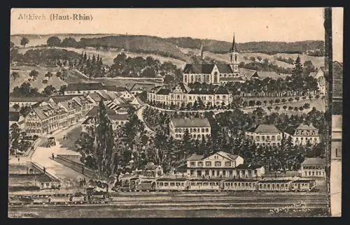 Künstler-AK Altkirch /Haut-Rhin, Panorama mit Eisenbahn