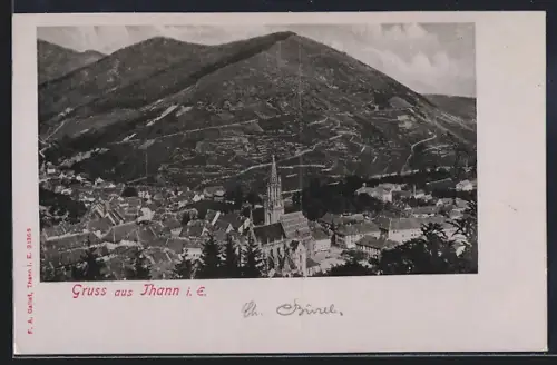 AK Thann i. E., Panorama mit Kirche