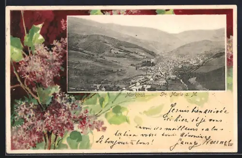Passepartout-Lithographie Ste. Marie a. M., Panorama, Flieder