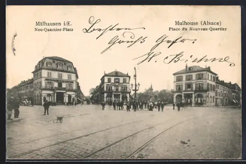 AK Mülhausen i. E., Café Bristol und Café Moll am Neu-Quartier-Platz