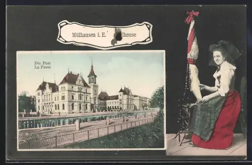 AK Mulhouse, La Poste, Frau am Spinnrad, Passepartout