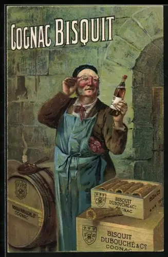 AK Reklame für Cognac Bisquit, Weinbrenner prüft Cognac-Flasche im Weinkeller