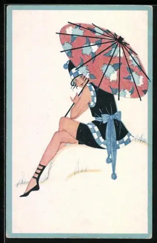 Künstler-AK Chicky Spark unsign.: Dame im kurzen Kleid mit Papierschirm