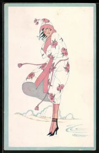 Künstler-AK Chicky Spark: Fräulein im geblümten Mantel