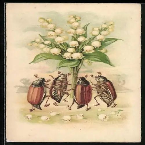 Lithographie Vier Maikäfer beim Kreistanz um einen Maiglöckchen-Strauss