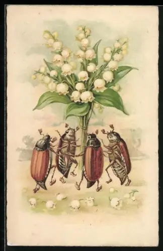 Lithographie Vier Maikäfer beim Kreistanz um einen Maiglöckchen-Strauss