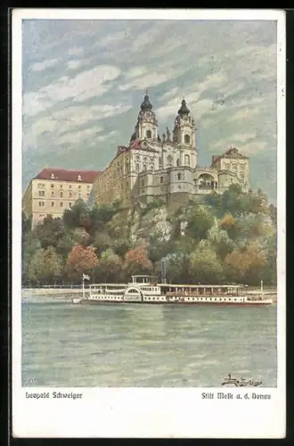 Künstler-AK Leopold Schweiger: Melk a. d. Donau, Stift mit vorbeifahrendes Dampfschiff
