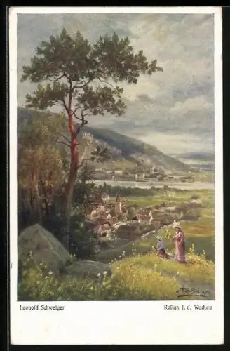 Künstler-AK Rossatz i. d. Wachau, Teilansicht mit Bäumen