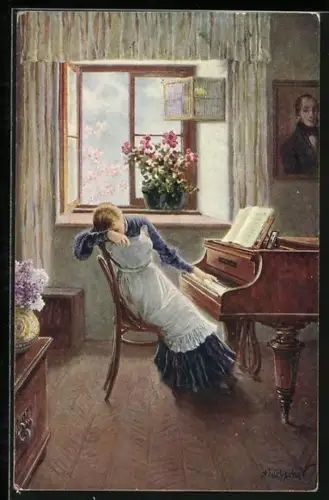 Künstler-AK Adolf Liebscher: Sein Lied, Dame am Klavier
