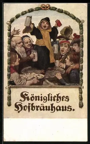 Künstler-AK Ludwig von Zumbusch: Leute trinken Bier im Königlichen Hofbräuhaus, Münchener Kindl