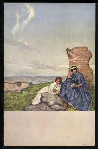 Künstler-AK Ernst Liebermann: Auf Bergeshöhe, junge Damen an Ruine