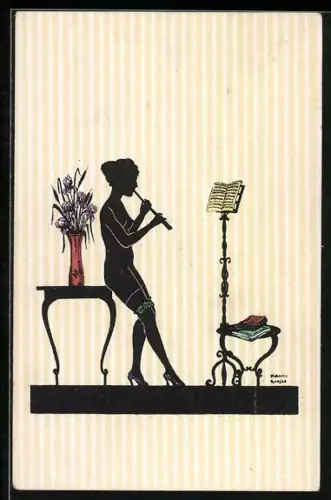 Künstler-AK Manni Grosze: Nackte Frau mit Strumpfhaltern und Hackenschuhen spielt Flöte, Schattenbild