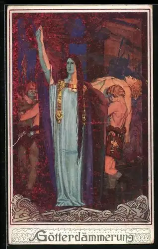 Künstler-AK Franz Stassen: Götterdämmerung, Brünhilde verflucht den Ring der Nibelungen