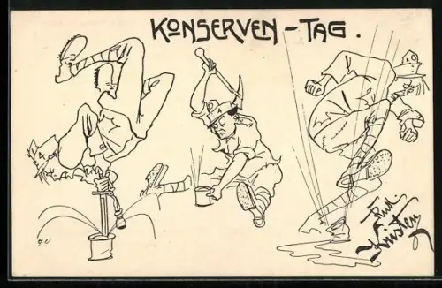 Künstler-AK Rud. Kristen: Deutschmeister-Witwen- und Waisen-Stiftung, Konserven-Tag, Soldatenhumor