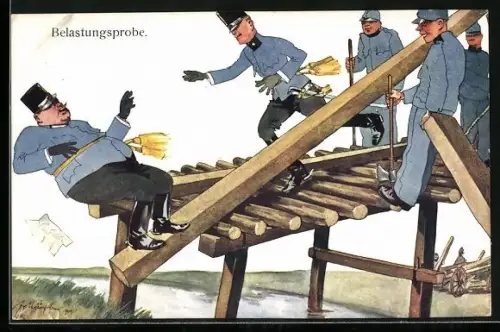 Künstler-AK Fritz Schönpflug: Belastungsprobe, österreichischer Offizier in Uniform fällt von einer Brücke