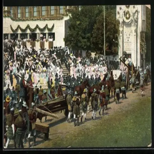 AK Wien, Jubiläumsfestzug Kaiserhuldigung 12. Juni 1908, Soldaten mit alten Kriegsgeräten zur Zeit Albrecht I.
