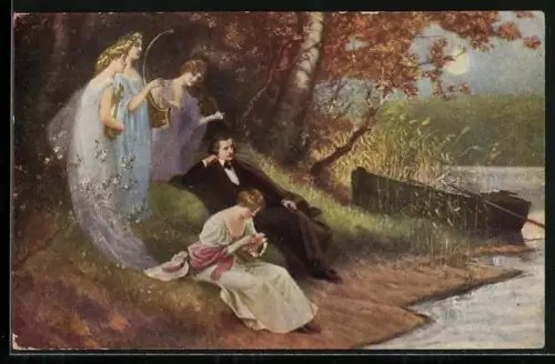 AK Komponist Robert Schumann sitzt sinnierend am Ufer umgeben von musizierenden Frauen