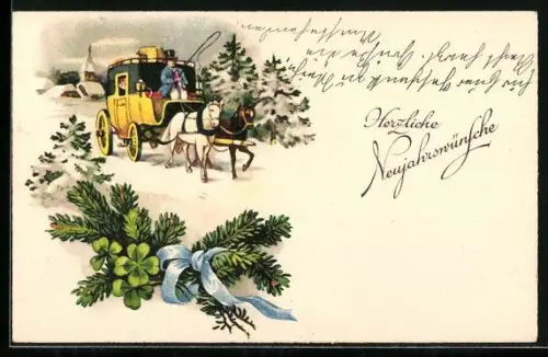 AK Postkutsche fährt durch den Schnee, Neujahr, Klee