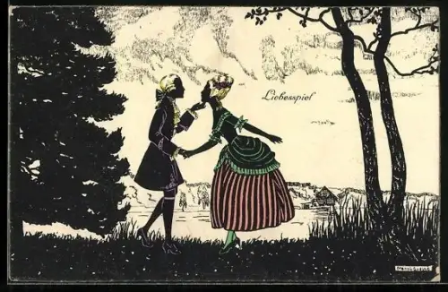 Künstler-AK Manni Grosze: Schattenbild, Liebespaar auf einer Wiese