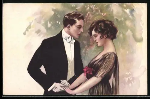 Künstler-AK Zweisamkeit eines adrett gekleideten Liebespaares, Art Deco