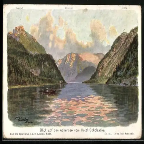 Künstler-AK F.A.C.M. Reisch: Achensee, Blick vom Hotel Scholastika