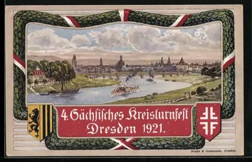 AK Dresden, 4. Sächsisches Kreis-Turnfest 1921, Dampfer, Brücke