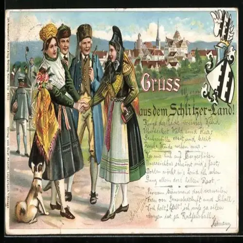 Lithographie Gruss aus dem Schlitzer-Land, Begrüssung der Bekannten, hessische Trachten