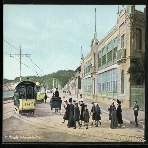 AK Marseille, Le Chemin de la Corniche, Strassenbahn