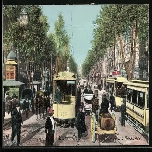 AK Marseille, Le cours Belsunce, Strassenbahn
