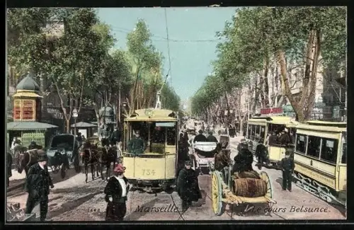 AK Marseille, Le cours Belsunce, Strassenbahn