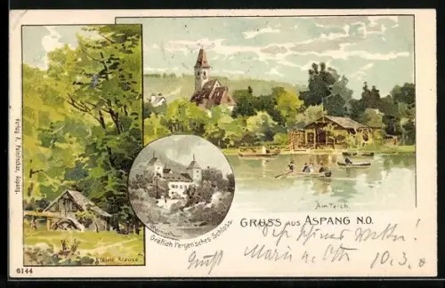 Lithographie Aspang, Kleine Klause, Gräflich Pergen`sches Schloss, Partie am Teich