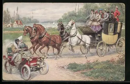 AK Kutsche kreuzt den Weg des Autos auf der Landstrasse