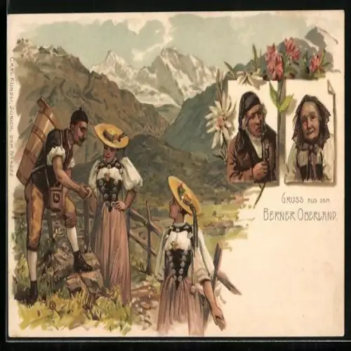 Künstler-AK Gruss aus dem Berner Oberland, Altes Paar, Mann und zwei Frauen in Tracht