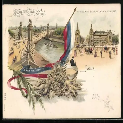 Lithographie Paris, Exposition universelle de 1900, Les Palais a l`Esplanade des Invalides, Le Pont Alexandre III.