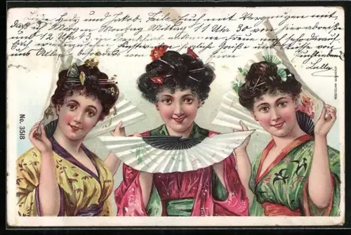 Lithographie Junge Damen in Yukata mit Fächern