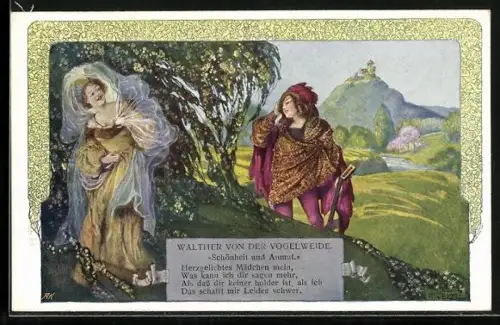 Künstler-AK T. Welzl: Walther von der Vogelweide, Schönheit und Anmut, Paar vor Landschaft mit Burg