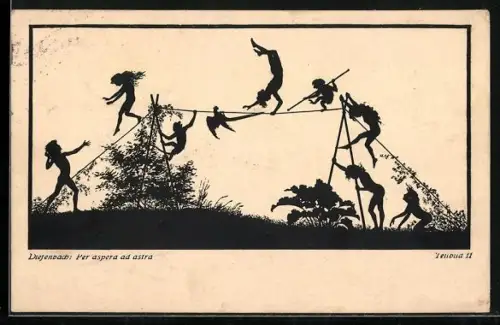 Künstler-AK Diefenbach: Per aspera ad astra, Teilbild 11, Kinder und Affen laufen auf einem Seil, Schattenbild