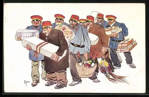 Künstler-AK Expressboten mit Geschenkpaketen, Blumen und Sekt