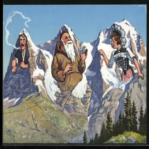 Künstler-AK Eiger, Mönch & Jungfrau, Berg mit Gesicht / Berggesichter