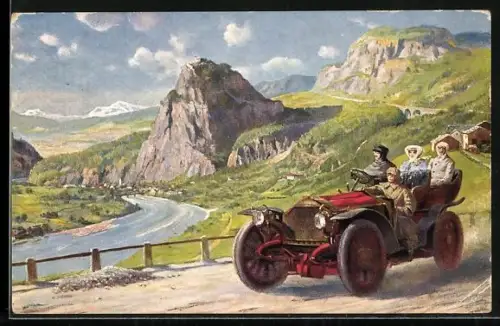 Künstler-AK Kleine Gesellschaft im offenen Automobil auf einer Bergstrasse