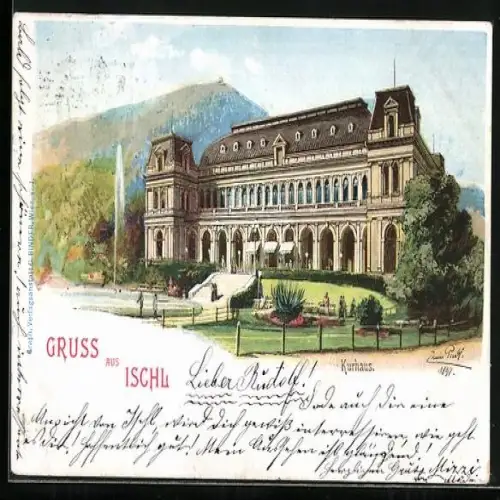 Künstler-AK Erwin Pendl: Bad Ischl, Kurhaus mit Anlagen und Bergblick