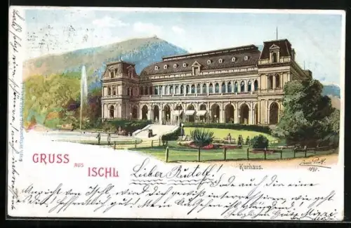 Künstler-AK Erwin Pendl: Bad Ischl, Kurhaus mit Anlagen und Bergblick