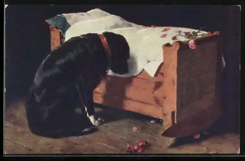 AK Trauernder Hund vor einem Kinderbett mit Rosenschmuck