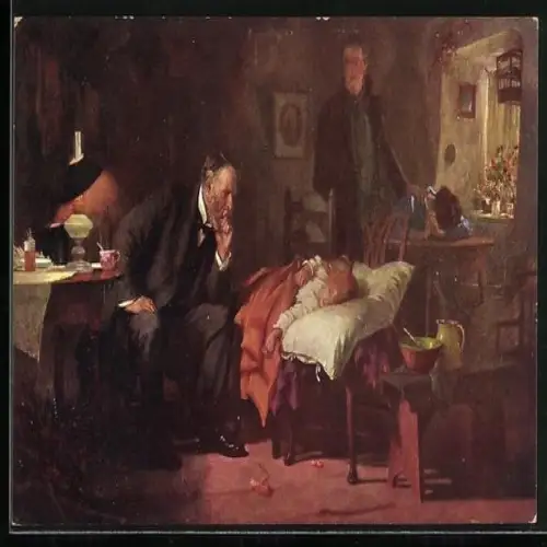 Künstler-AK Der Arzt, Kranke Dame im Bett