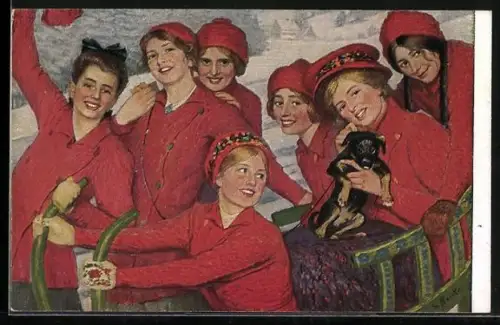 AK Junge Frauen fahren mit einem Schlitten einen Berg hinab